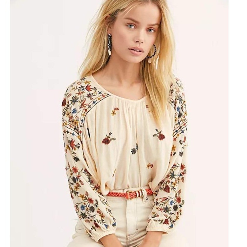 Free People Wild Flowers Floral Embroidered Boho Cottagecore Peasant Blouse S